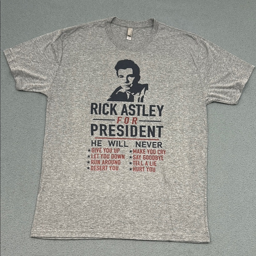 Gray Graphic T-Shirt | “Rick Astley for President” | Size XL | Funny Retro Tee